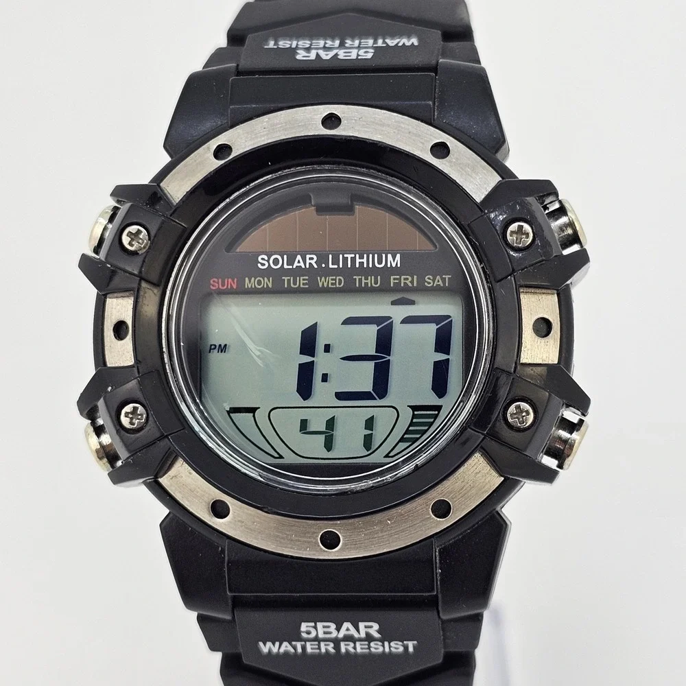 Men's Sports Digital‎ Watch 42MM Black Case Black Plastic Bands LED